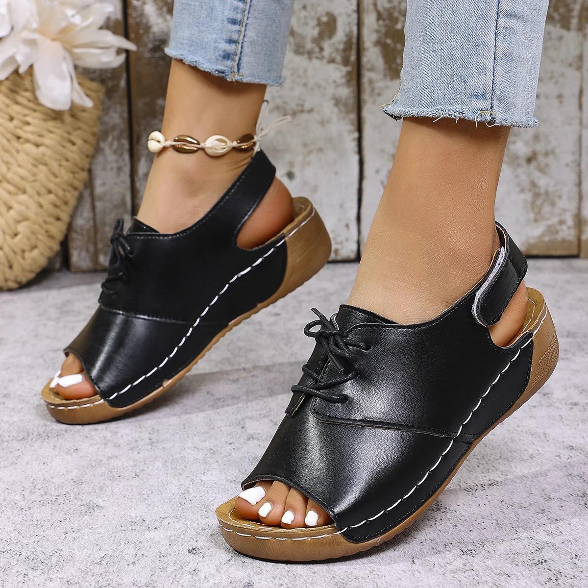 

New Women s Med Heels Platform Sandals Lace Up Summer Peep Toe Casual Clogs Shoes Woman Leather Wedges Roman Sandalias Mujer 43 чёрный