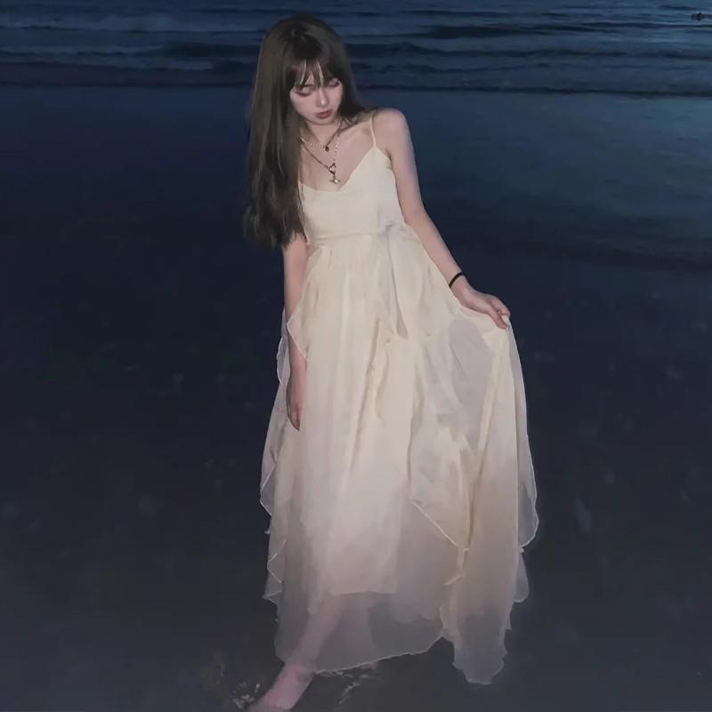 White Spaghetti Strap Summer Beach Dress: Long Fairy Vacation Dress