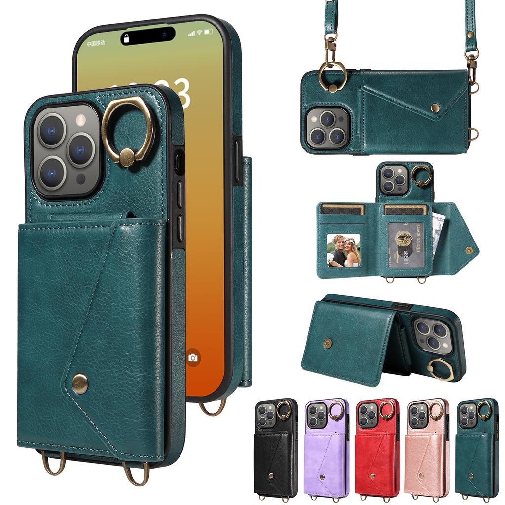 For iPhone 15 Series.for iPhone 15,15 Plus,15 Pro,15 Pro Max Shoulder Strap Rope Ring Bracket Design Card Holder Slots Lichee Pattern Cover Phone Case