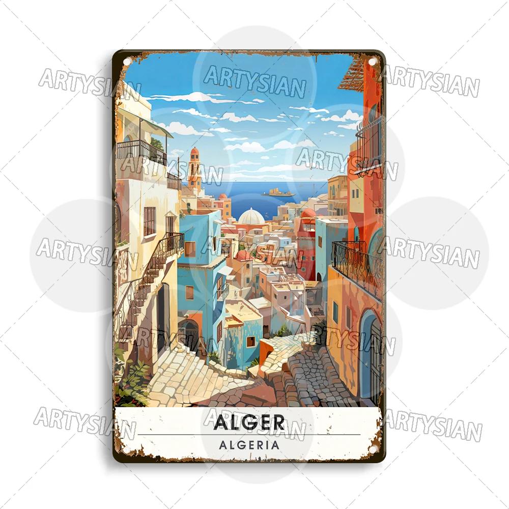 Maghreb Travel Cityscape Metal Sign Alger Algeria Djerba Tunisia Chefchaouen Morocco Marrakesh Zarzis Oran Tiaret Kabylie