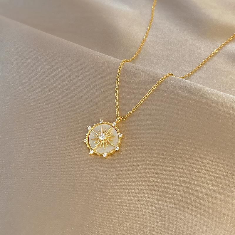 DIEYURO Stainless Steel Fashion Personality Geometric Zircon Necklace Shell Flower Pendant Hong Kong Clavicle Chain Gift