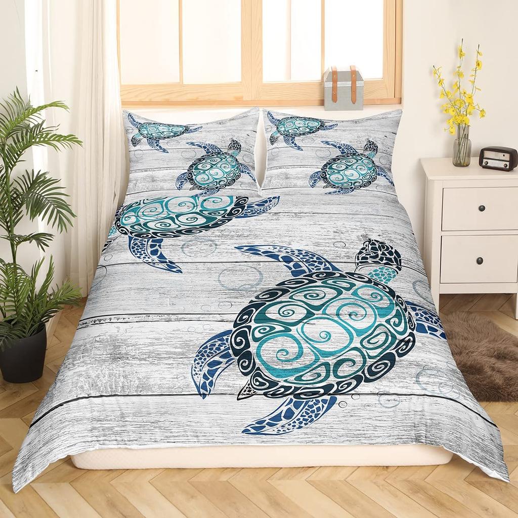 Sea Turtle Duvet Cover Full Size,Ocean Bedding Set for Kids Teens,Beach Comforter Cover,1 2 Pillowcases 3 Piece for Teens Boys