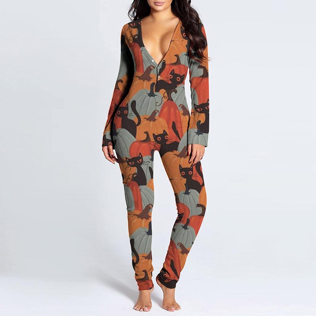 Women's Button-Down Halloween Print Functional Buttoned Flap Adults Jumpsuit