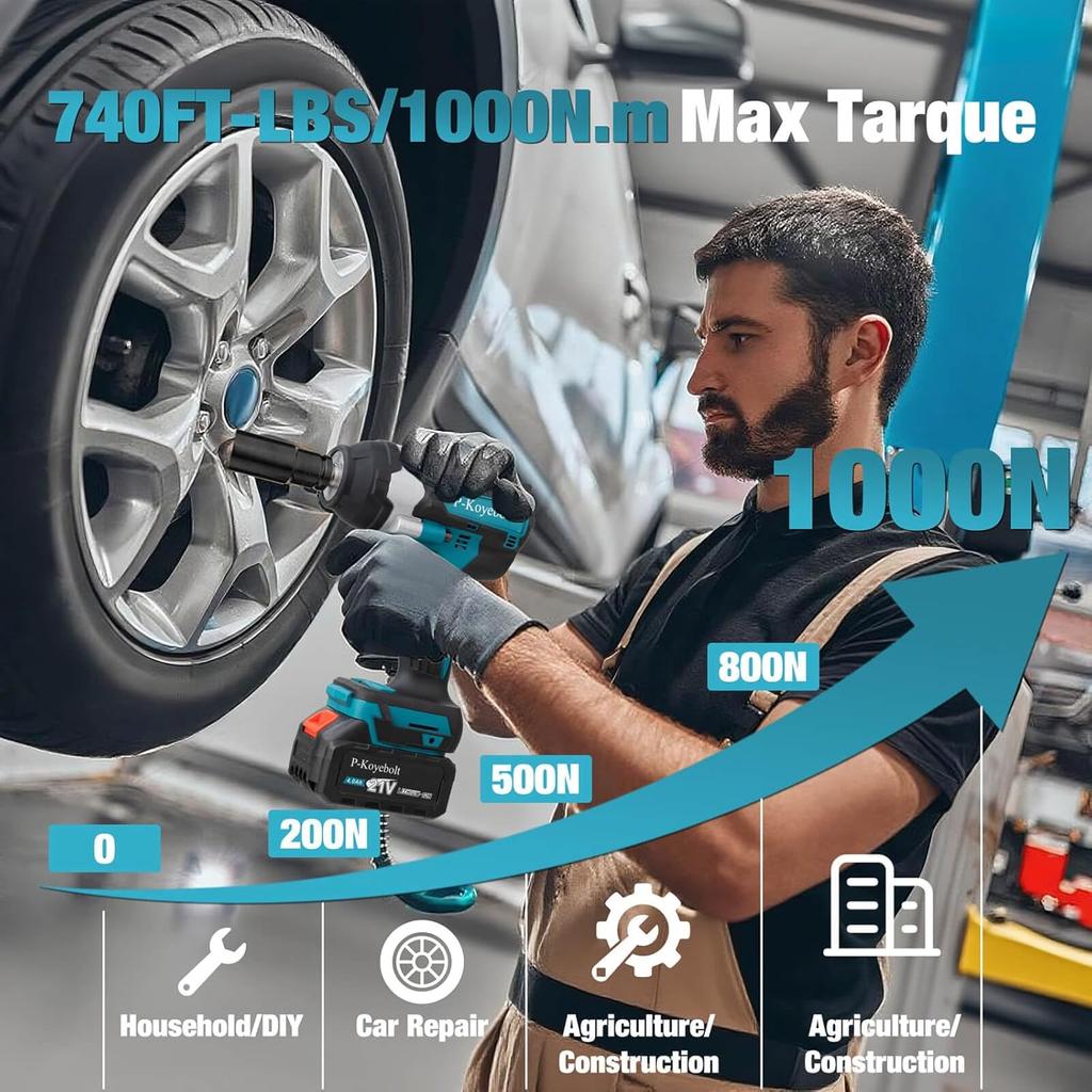 Cordless Impact Wrench, 740Ft-lbs, 4-Mode Electric Driver, 2 Batteries, Charger, 5 Sockets, for Car, Home, Truck, RV, Mower