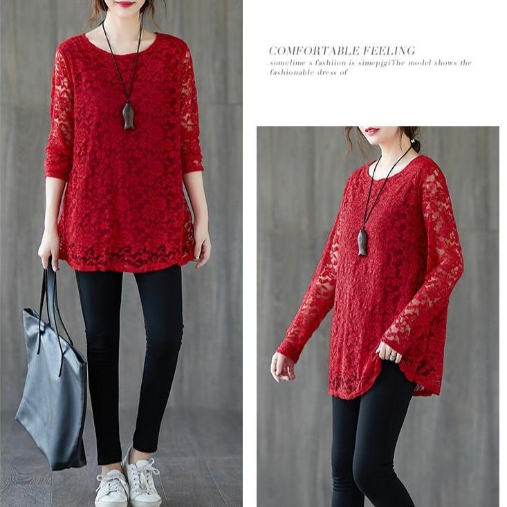 Spring Autumn Women's Round Neck Lace Blouse Mid-Length Loose Hollow-Out Plus Size Blouse