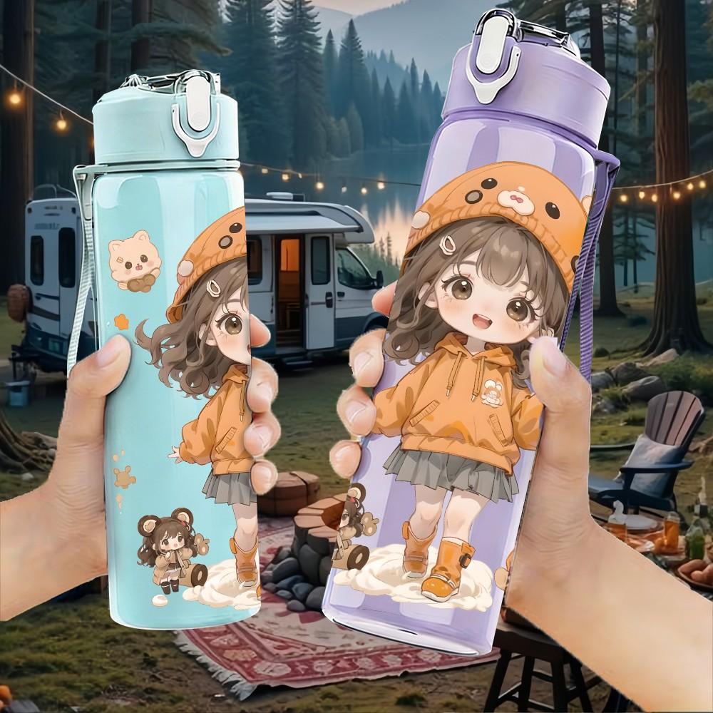1PC Orange Hood Girl Small Pet Companion Pattern 750ml Color Plastic Sports Water Bottle Leakproof Flip Straw Lid Suitable for Sports Office Home Use