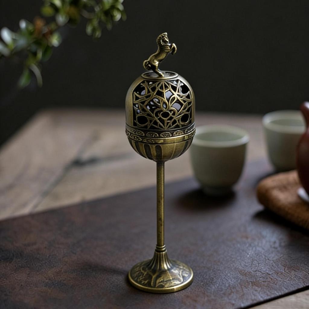 Elegant Vertical Palace Lantern Alloy Incense Burner – High-Footed Indoor Ornament for Home Use
