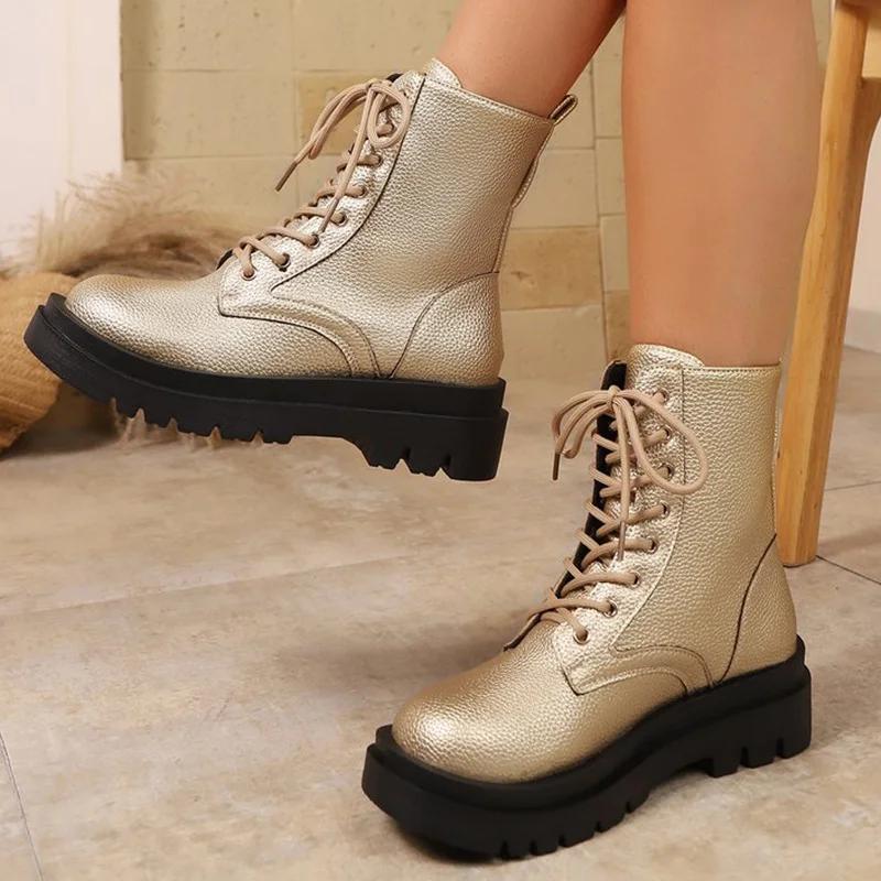 Golden Lace Up Ankle Boots Women Pu Leather Wedges Boots for Woman Spring Autumn Thick Bottom Plus Size 36-43 Booties Female