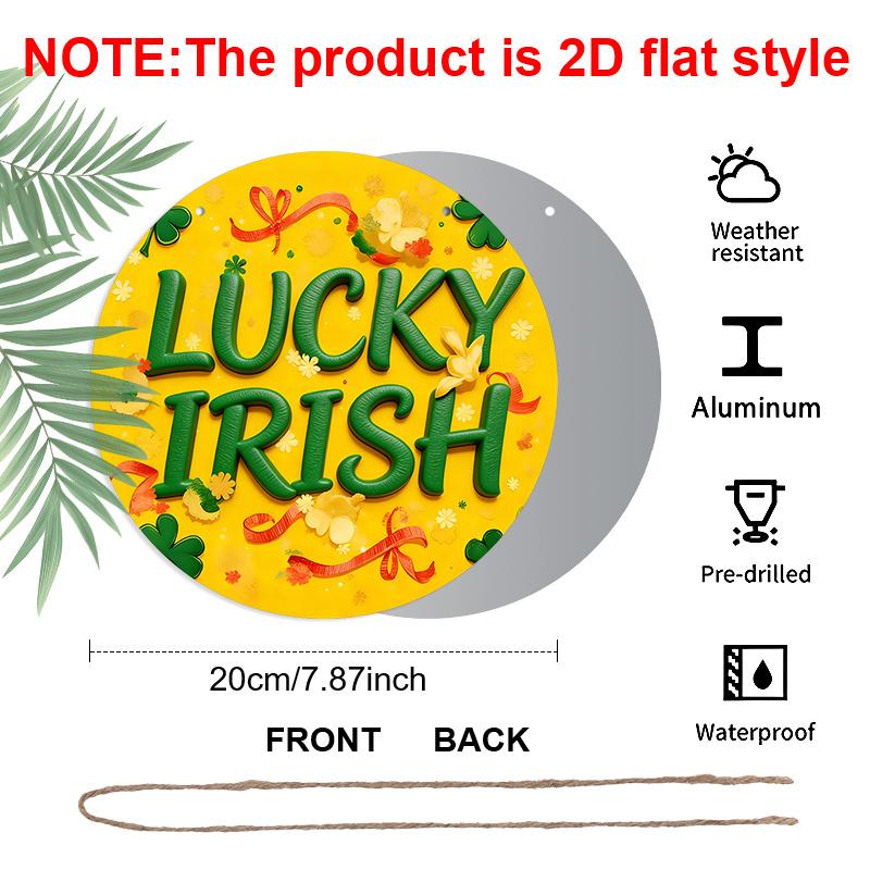 2D Flat Aluminum St. Patrick's Day Lucky Irish Round Aluminum Sign, Metal Hanging Plaque with Shamrock & Ribbon Design, Yellow and Green Irish Themed