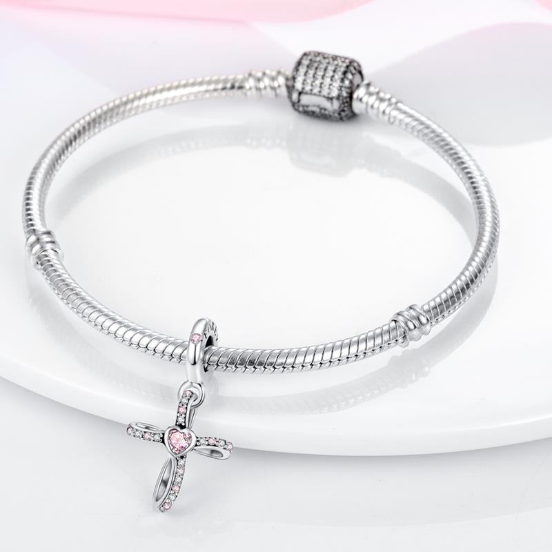 Copper Cross Pink Zirconium Pendant Suitable For Original Bracelet Diy Popular Exquisite Jewelry