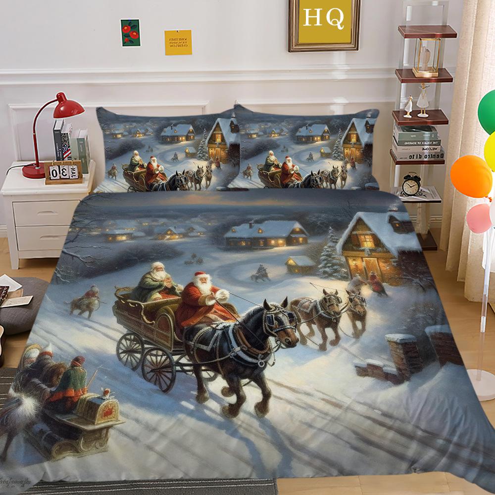 Christmas Carriage Snow Scene 3D Printed Polyester Pillowcase Quilt Cover Two Or Three-Piece Set Can Be