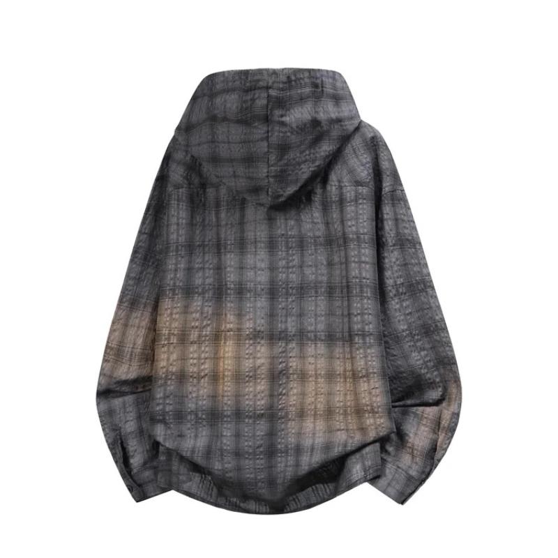 Unisex Plaid Long Sleeve Hooded Shirt Loose Sun Protection Outerwear American Retro Couple's Shirt Jacket Men's Top