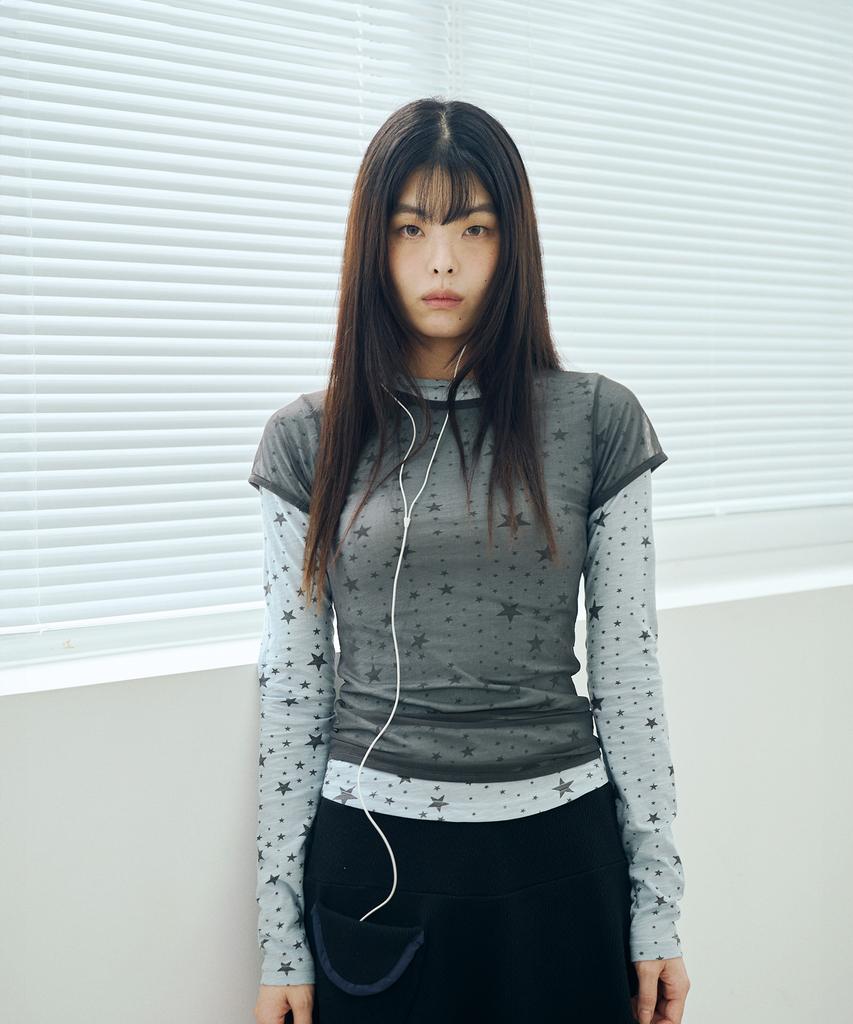 Mihebeu Star Layered Long Sleeve Set Sky Blue Gray