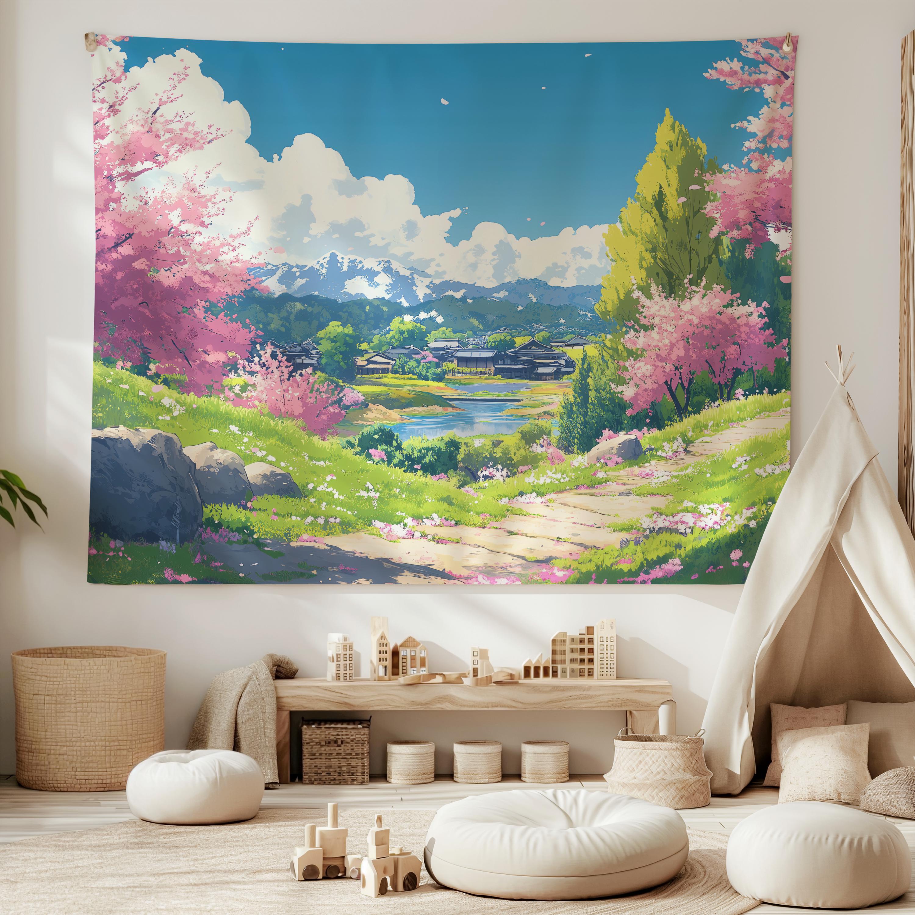 Japanese Anime Style Cherry Blossom Tapestry Healing Background Cloth Ins Style Atmosphere Room Decoration 100X70CM