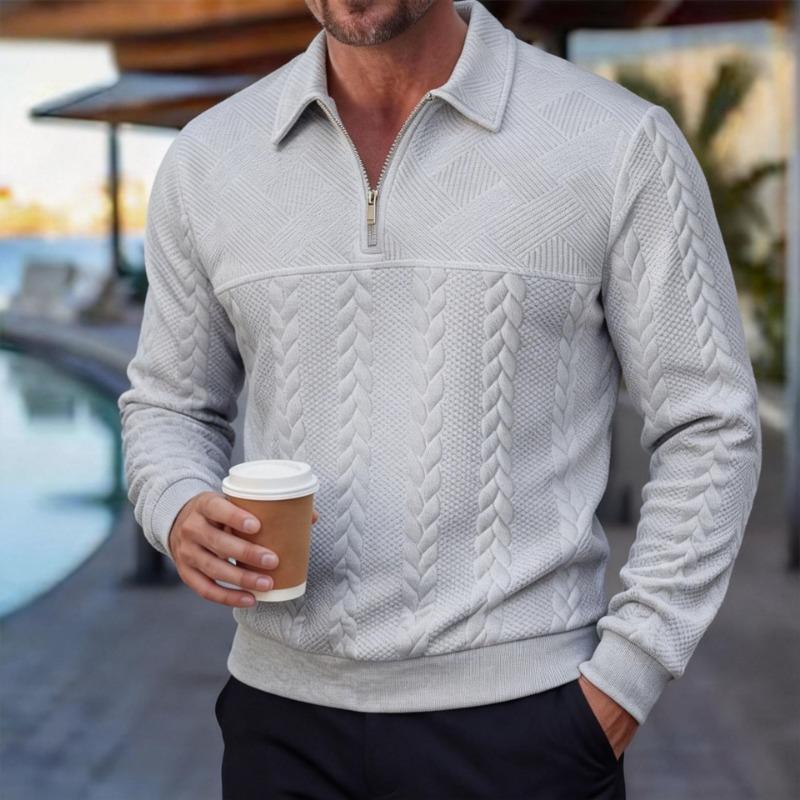 Men Cable Knit Half Zip Polo Collar Long Sleeve Sweater