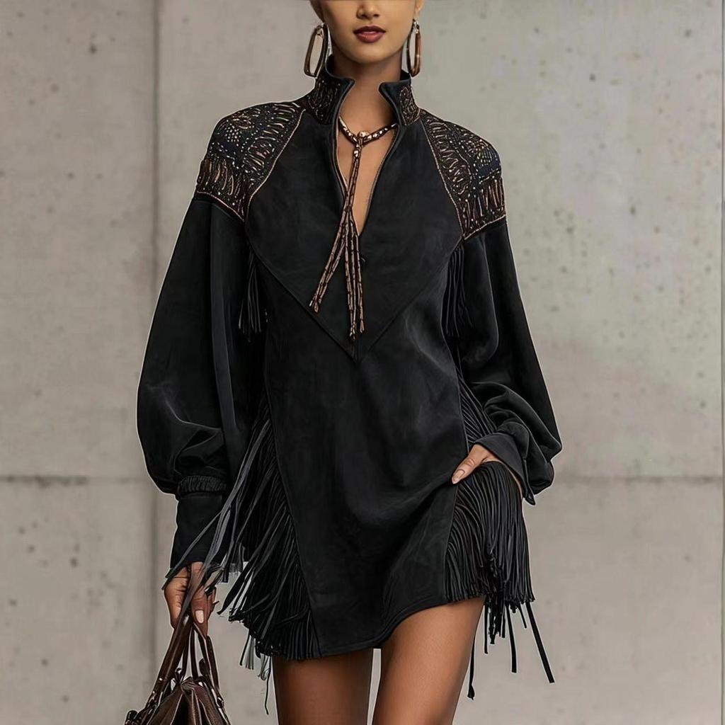 2025 Europäisches & Amerikanisches V-Ausschnitt Quastenstickerei Kleid für Damen