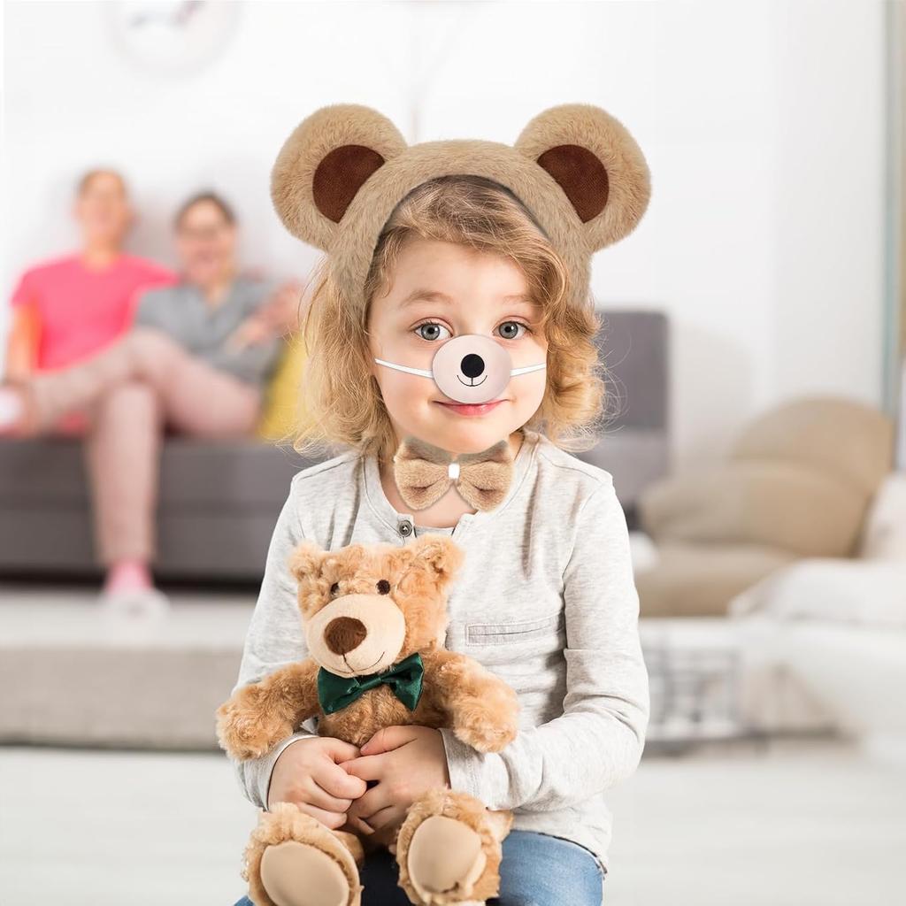 4 PCS Bear Costume Accessories Set Bear Ears Headband And Tail Bear Nose Bowtie Boys Girls Hairband Hair Accessories for 101 Day Christmas Halloween