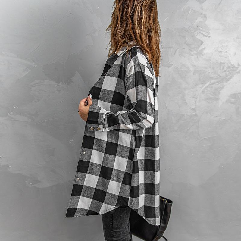 Plaid Shirt Mid-Length Long Sleeve Women's Jacket Plaid Shirt Top