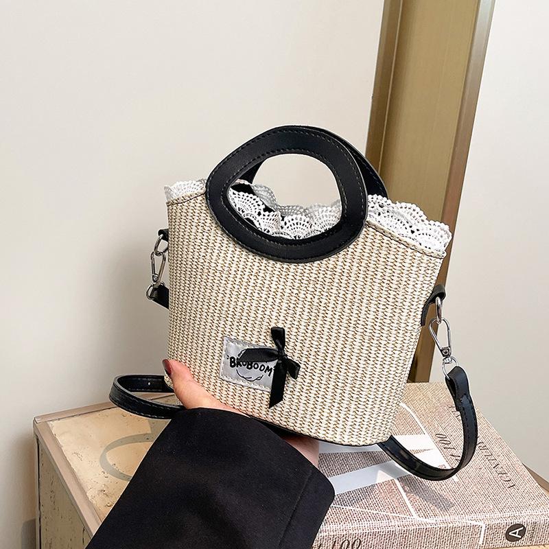 Sweet bow woven bag women's new trendy fashion literary portable vegetable basket bag messenger bag