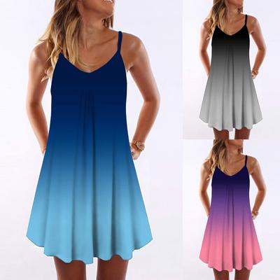 Womens Gradient Tie- Print Sleeveless Dress V Neck A-Line Maxi Sundress
