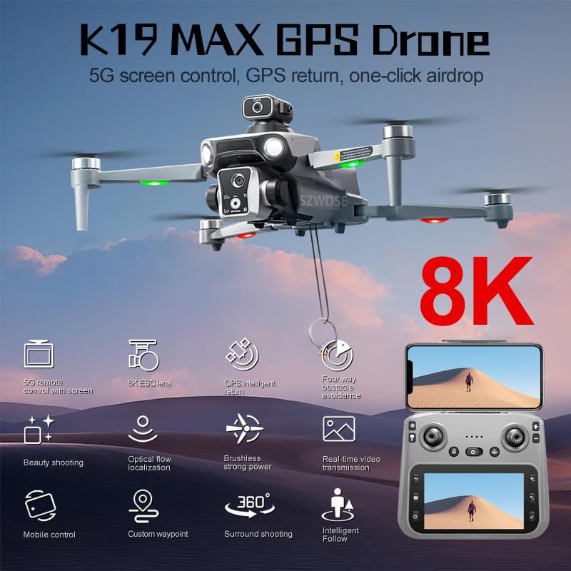 Nový K19 MAX GPS dron Profesionální 8K kamera Letecké FPV vyhýbání se překážkám s dálkovým ovládáním s velkou obrazovkou Skládací dron