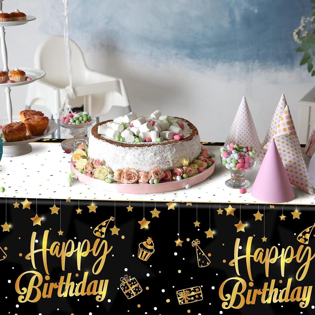 Ruisita 2 Pack Black Gold Table Cloth Cover Happy Birthday Tablecloth Party Tablecloths Rectangular Table Cloth Cover for Indoor or Outdoor Parties