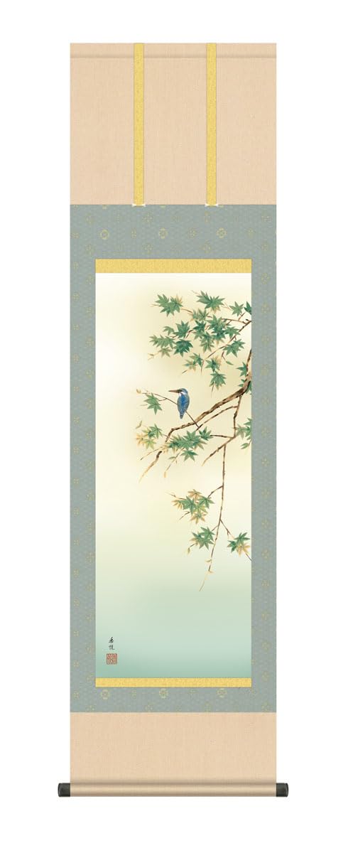 

Traditional Japanese art hanging scroll, Maple, Jade, Kingfisher, Japanese-style interior, hand-colored painting, Width 44.5cm x Length 164cm