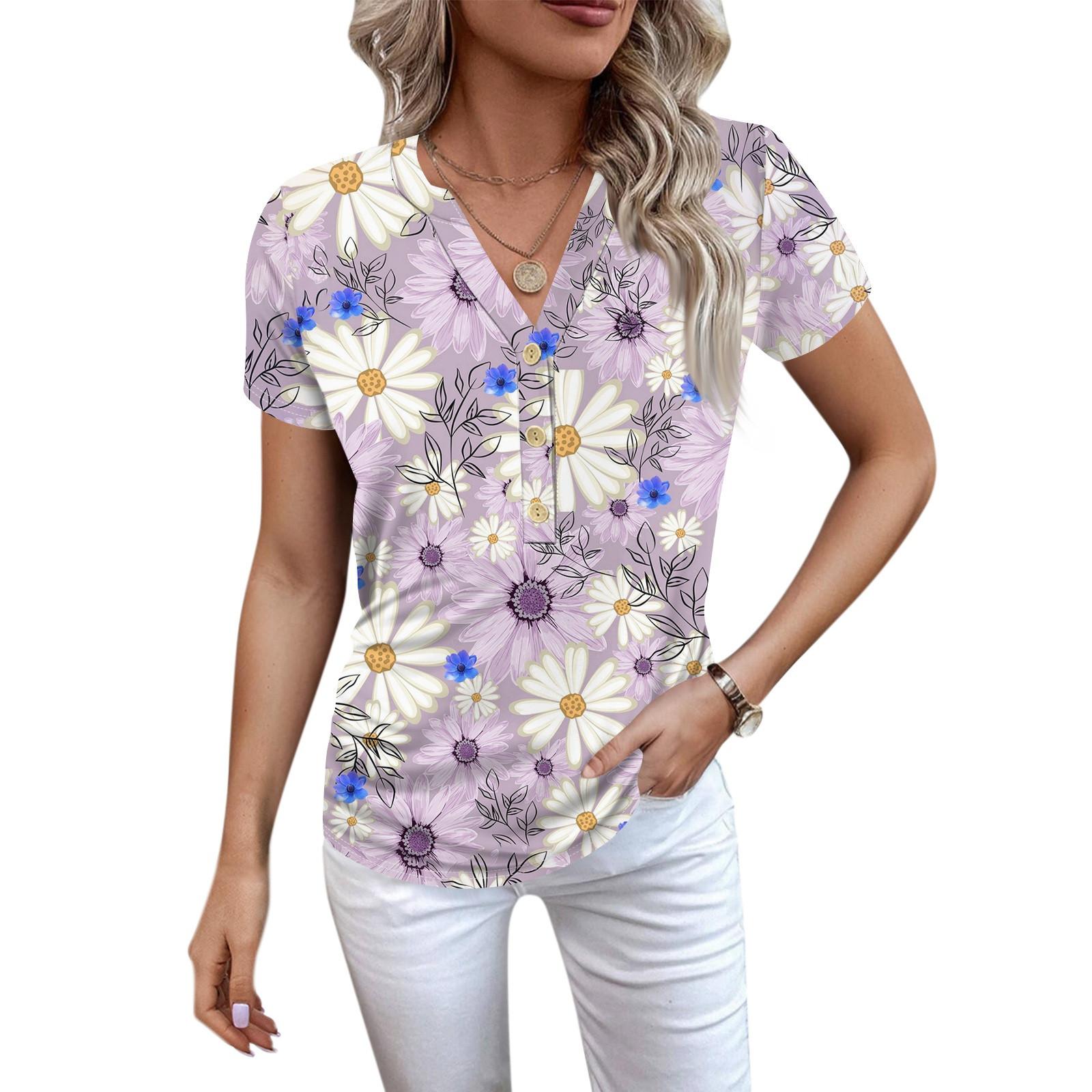 

Женская новая футболка с v-образным вырезом на пуговицах и модным принтом с коротким рукавом и ретро-принтом, повседневные топы, футболки большого размера L светло-фиолетовый