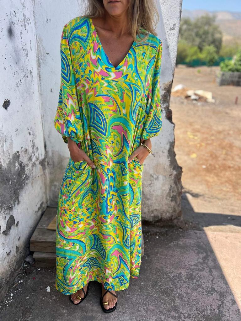 Vestido Longo Casual Soltinho com Decote V e Estampa Feminino 2025