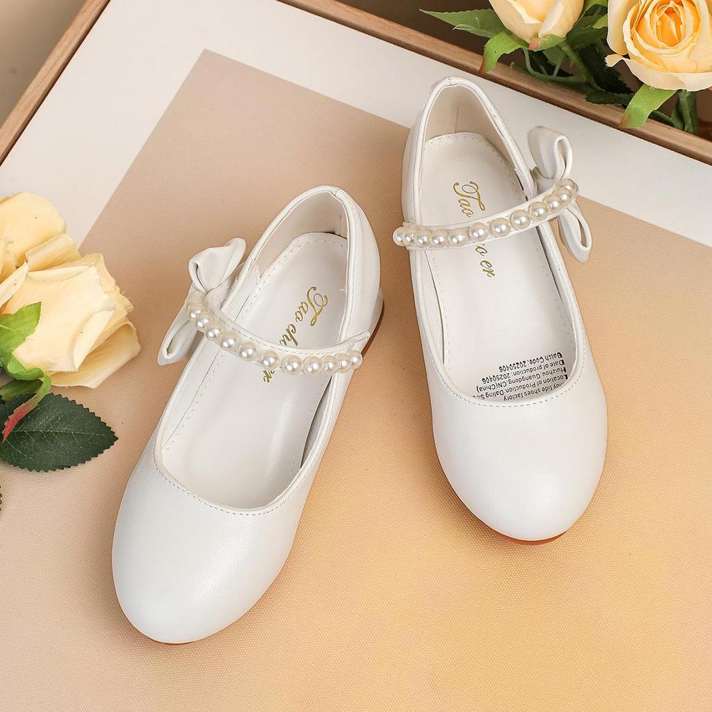 Girls' Princess High-Heeled White Bow Leather Shoes with Pearls for Spring and Autumn