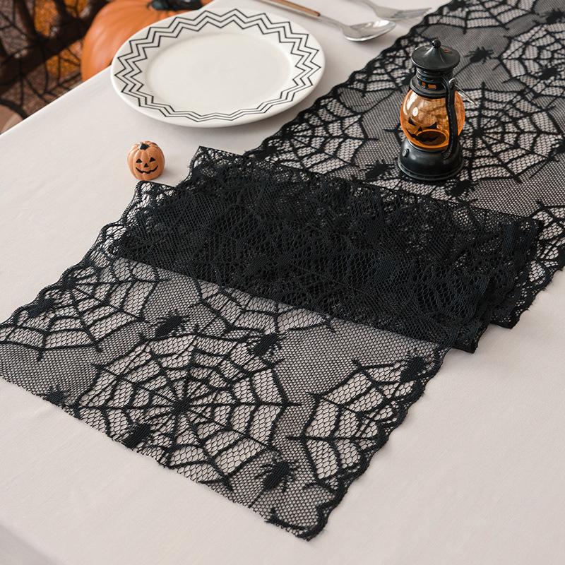 Halloween Black Lace Table Runner Halloween Table Decoration Skull Soft Table Runner Holiday Party Decoration Table Flag