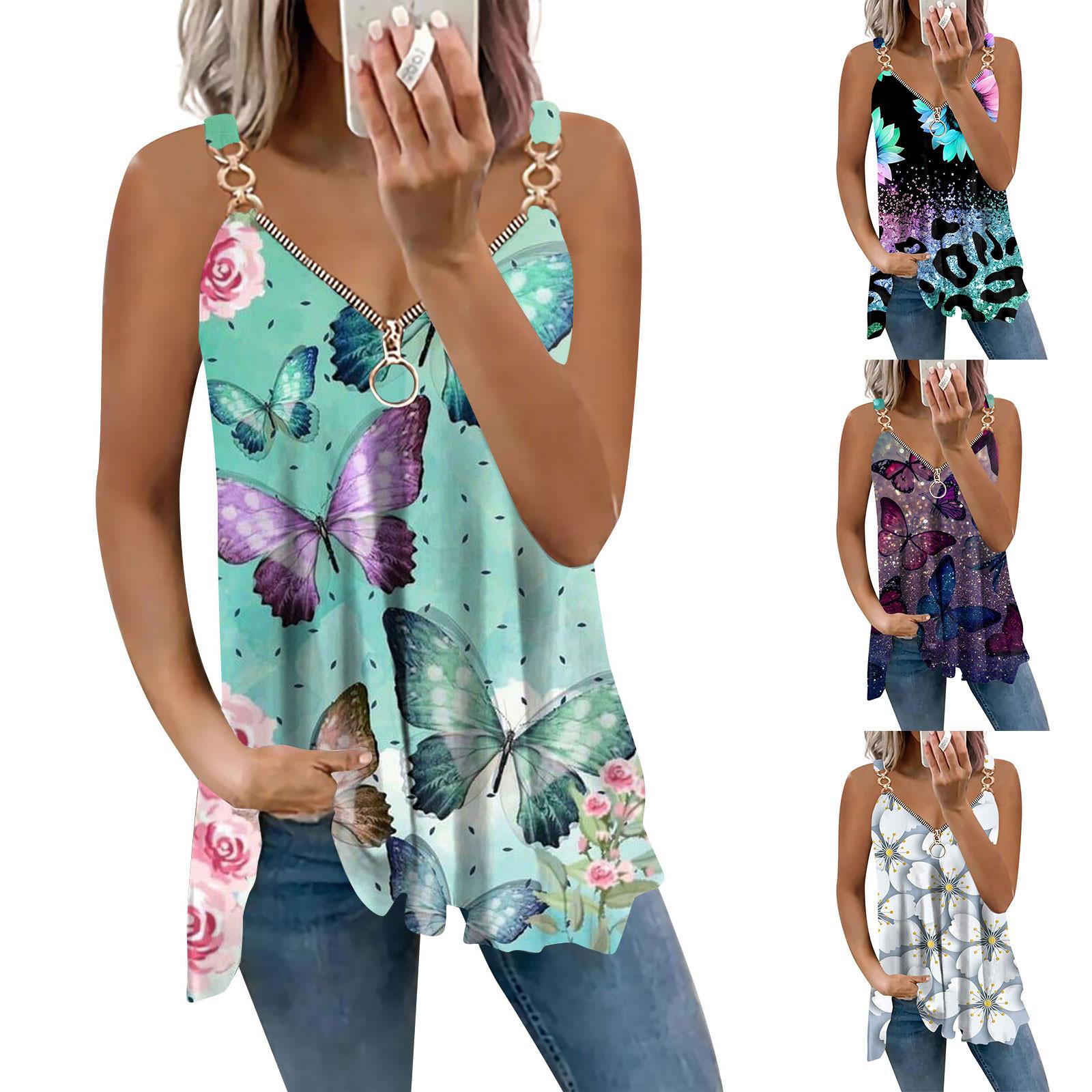 

Летние майки для женщин Модная печать V Neck Panel Sling Vest Свободный Топ