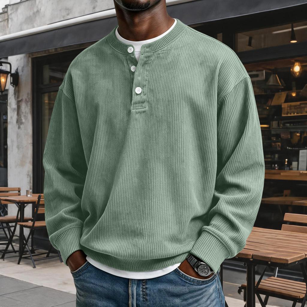 Felpa da uomo casual in velluto a coste con scollo, manica lunga, top pullover a vestibilità larga rétro con abbottonatura, per l'uso quotidiano