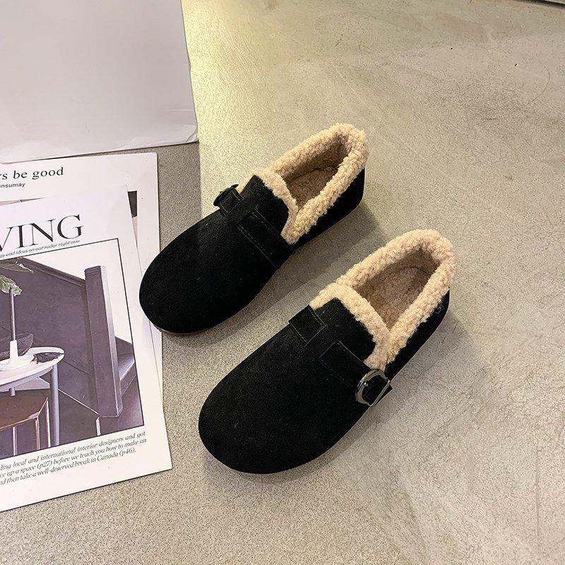 Retro Casual Winter Cotton Shoes Women Buckle Band Wool Fur Flats Woman Round Toe Loafers Fur Moccasins Warm Plush Sneakers 2024