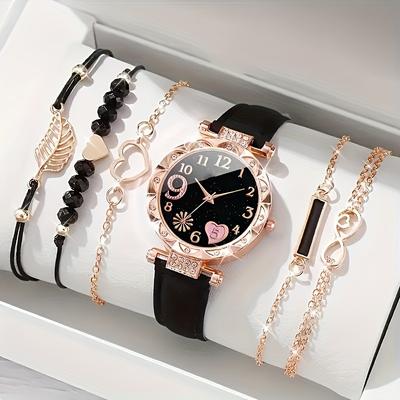 Ladies Diamond Dial Belt Quartz Watch Beaded Bracelet Set 6pcs/set