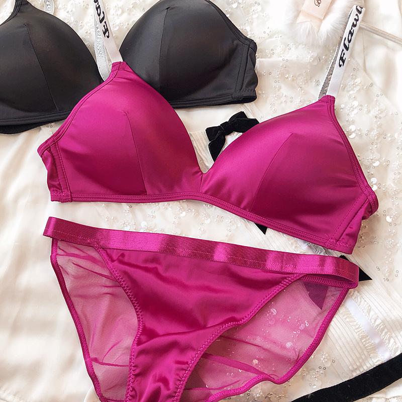 Ice Silk Comfort Underwear Set Women Sexy Deep V Push Up Bra Set Shoulder Strap Letters Adjustable Brassiere and Lace Panties