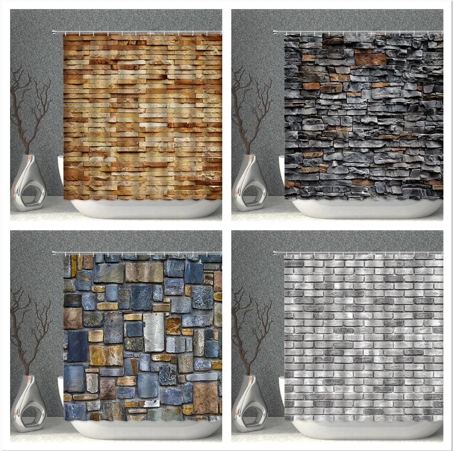 Brick Pattern Shower Curtains Waterproof Fabric Stone Grain Bath Curtain For Bathroom Partition Multi-Size With Hooks Home Decor