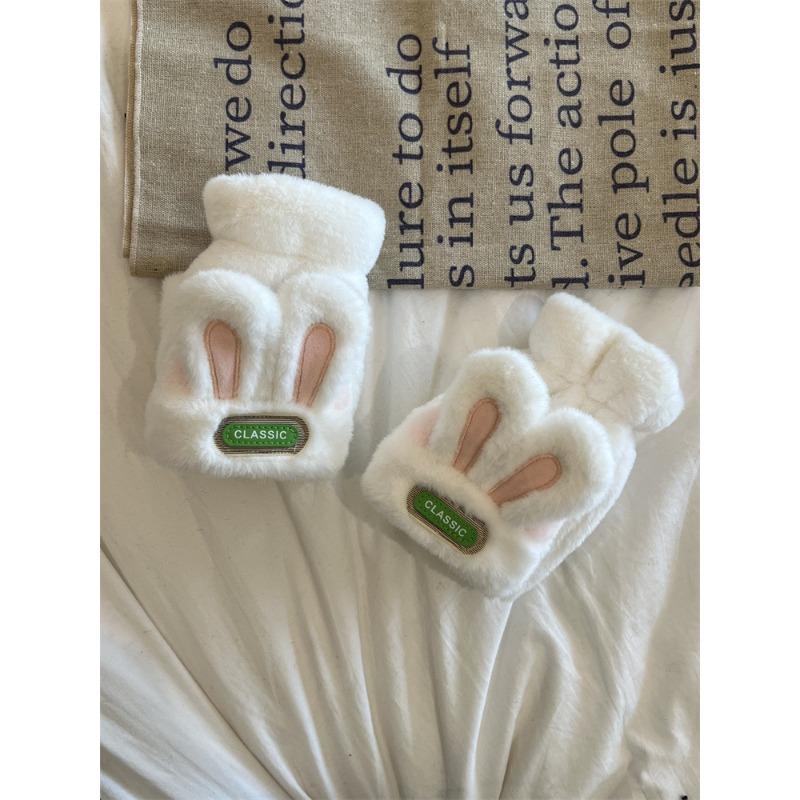 Gloves for Women In Winter Cute Student Warm Cute Rabbit Flap Cover with Fingers and Write Plush Half Fingers Plus Velvet Riding Bike Anti Freeze