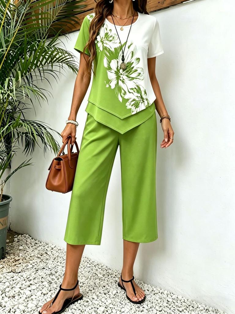 European and American Cross-border TK Amazon Temu2026 Summer Fashion Printing Irregular Top Cropped Pants Two-piece Set