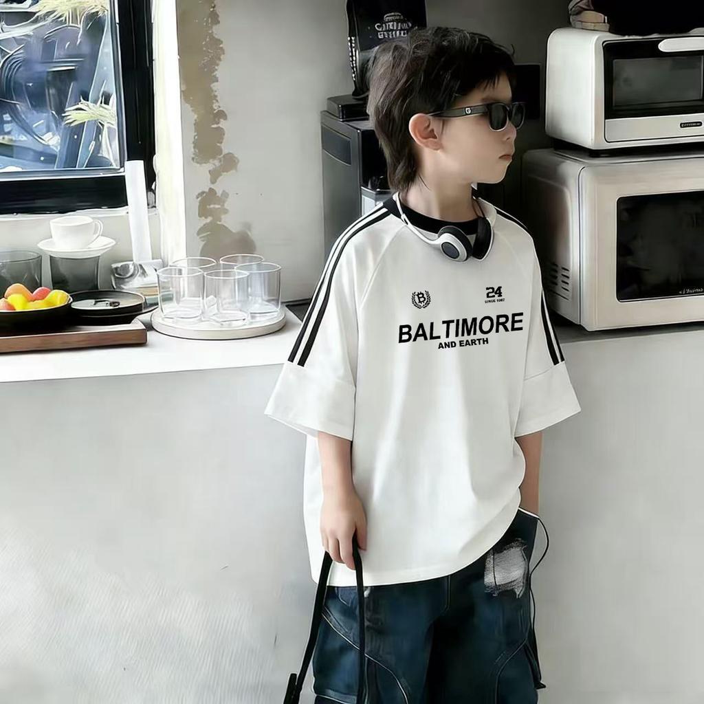 Summer Boys Cotton Short Sleeve T Shirt Medium Large Kids Three Stripes Sporty Half Sleeve Top Trendy Handsome Children Clothing