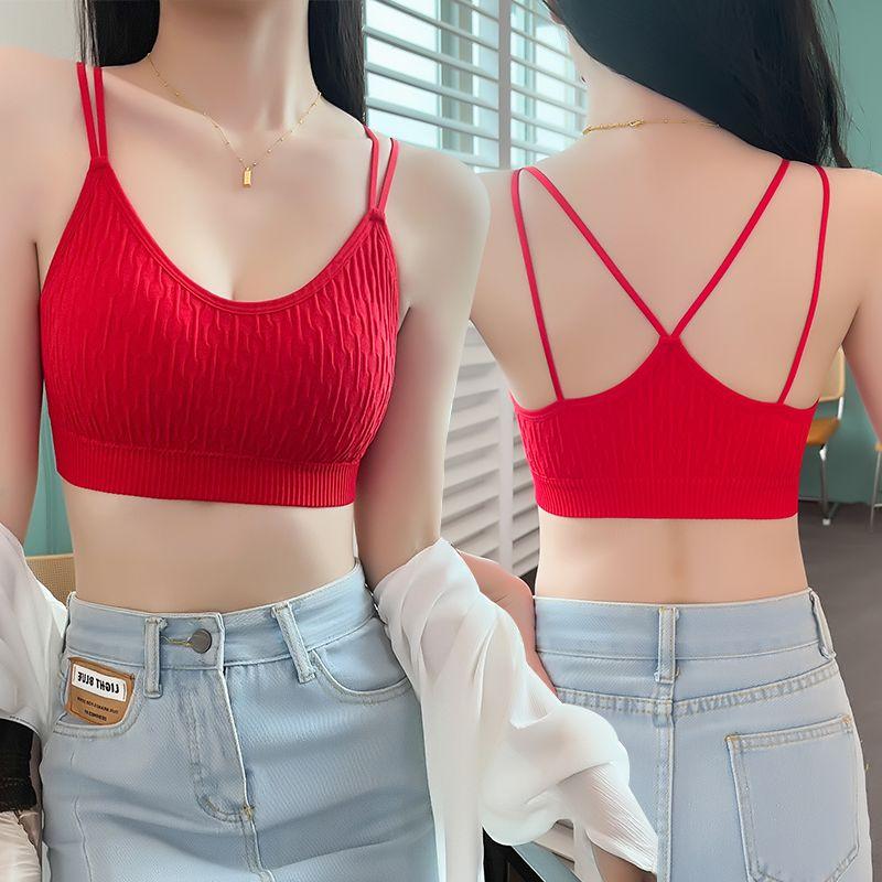 Plus Size Red Spaghetti Strap Backless Bra for Women Non-magnetic Student Sports Cami Bustier Push-Up