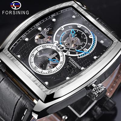 Black Dial Waterproof Automatic Mechanical Watch Skeleton Rectangle Military Watches With Bule Pointer Genuine Leather