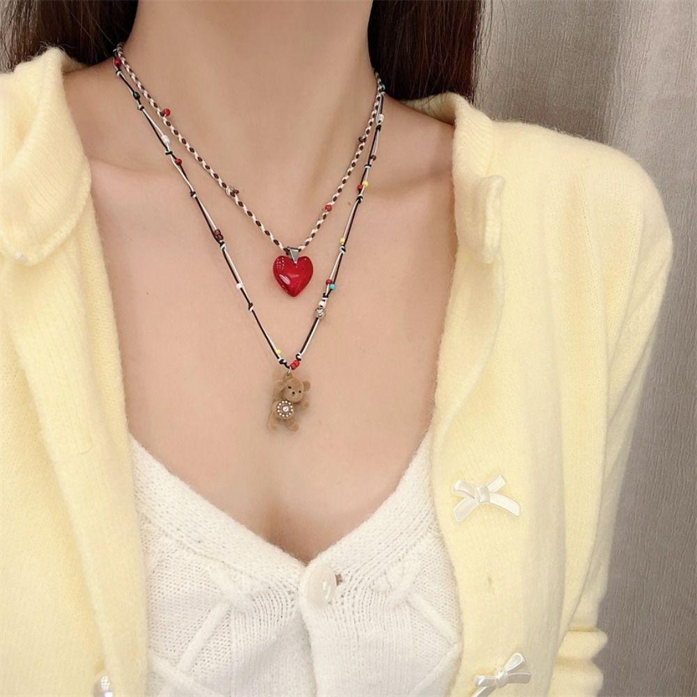 Sweet Bear Pendant Necklace Funny Sweet Choker Cute Flocked Bear Necklace  Sweater Chain