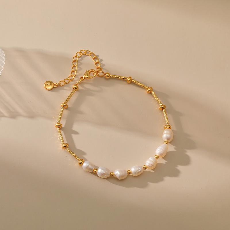 K Gold Plated Copper Natural Freshwater Pearl Elegant Women Bracelet