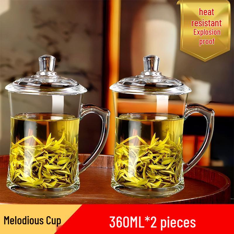 HANDUNYOU Thickened Heat-Resistant Glass Cups with Handle and Lid (Set of 2)