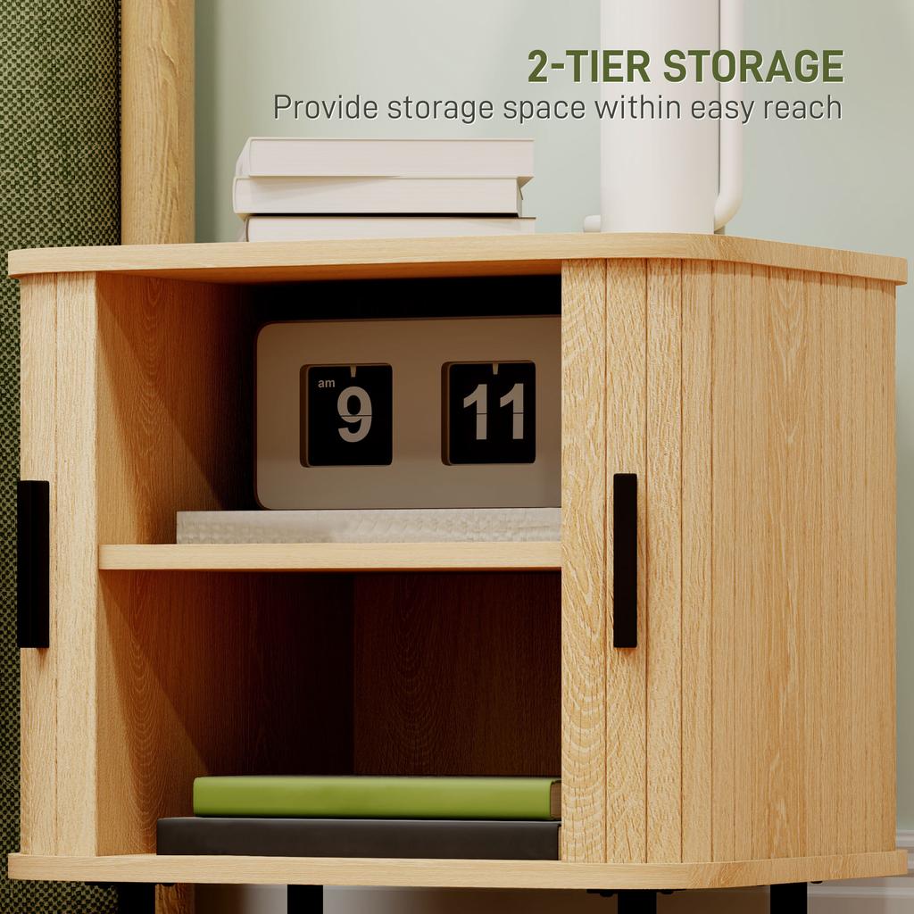 Nightstand with Sliding Doors and Metal Legs Oak Tone