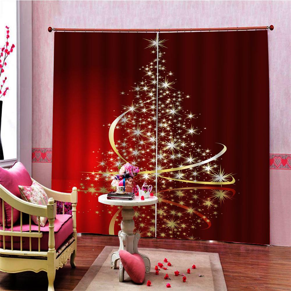 Happy New Year Christmas Tree Red Shiny Light Window Curtains For Kids Bedroom Living Room Bathroom Kicthen Door Hall Home Decor