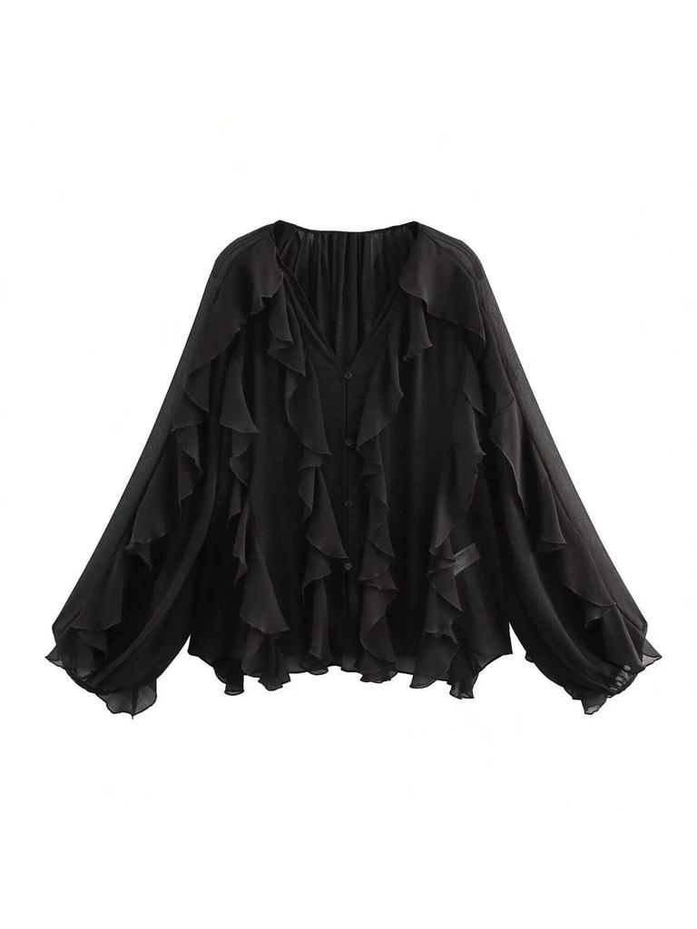 European and American V-Neck Layered Long-Sleeve Women's Spring/Summer Pullover Shirt