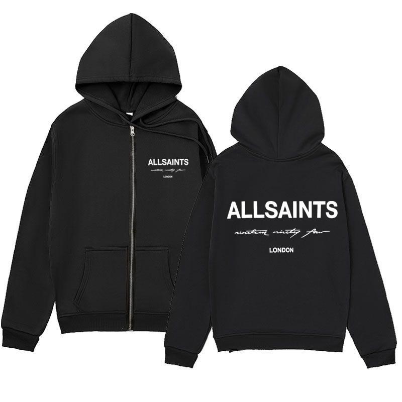 ALLSAINTS Letter Print Zip Up Hoodie Loose Drop Shoulder Casual Sweatshirt Men Women
