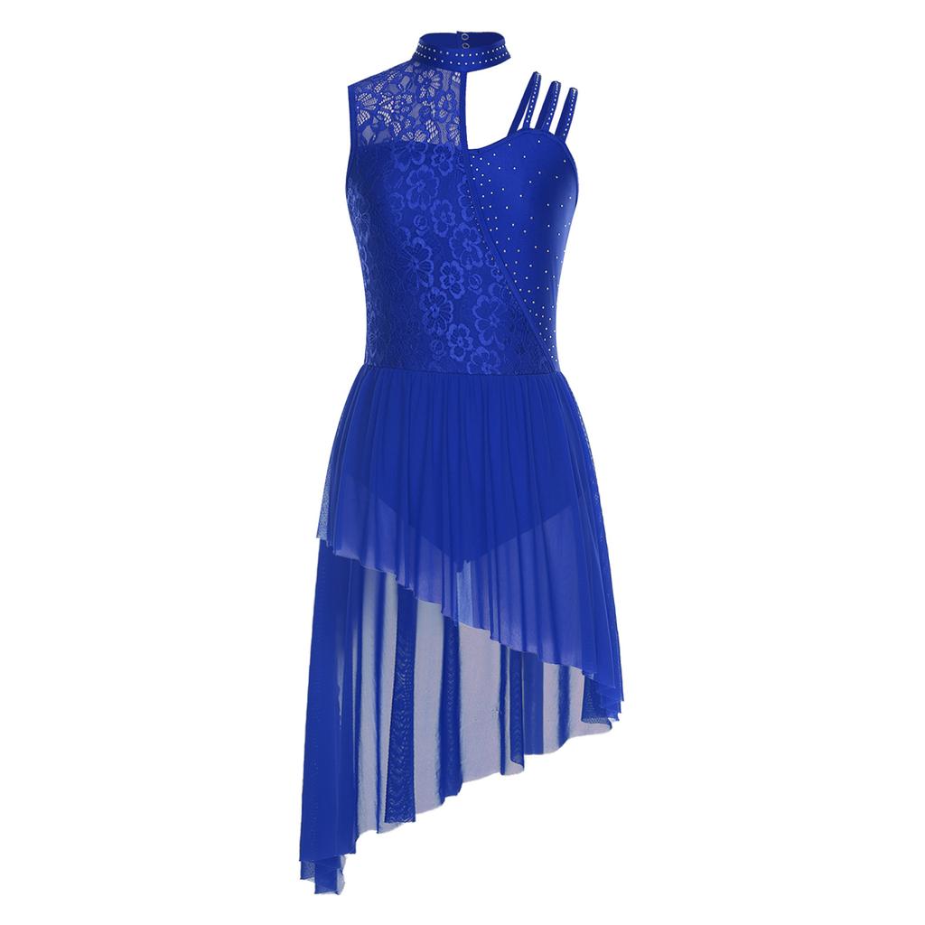 Womens Lyrical Dance Leotard Dress Floral Lace Rhinestones Irregular Hem Openable Crotch One Piece Asymmetrical Dress